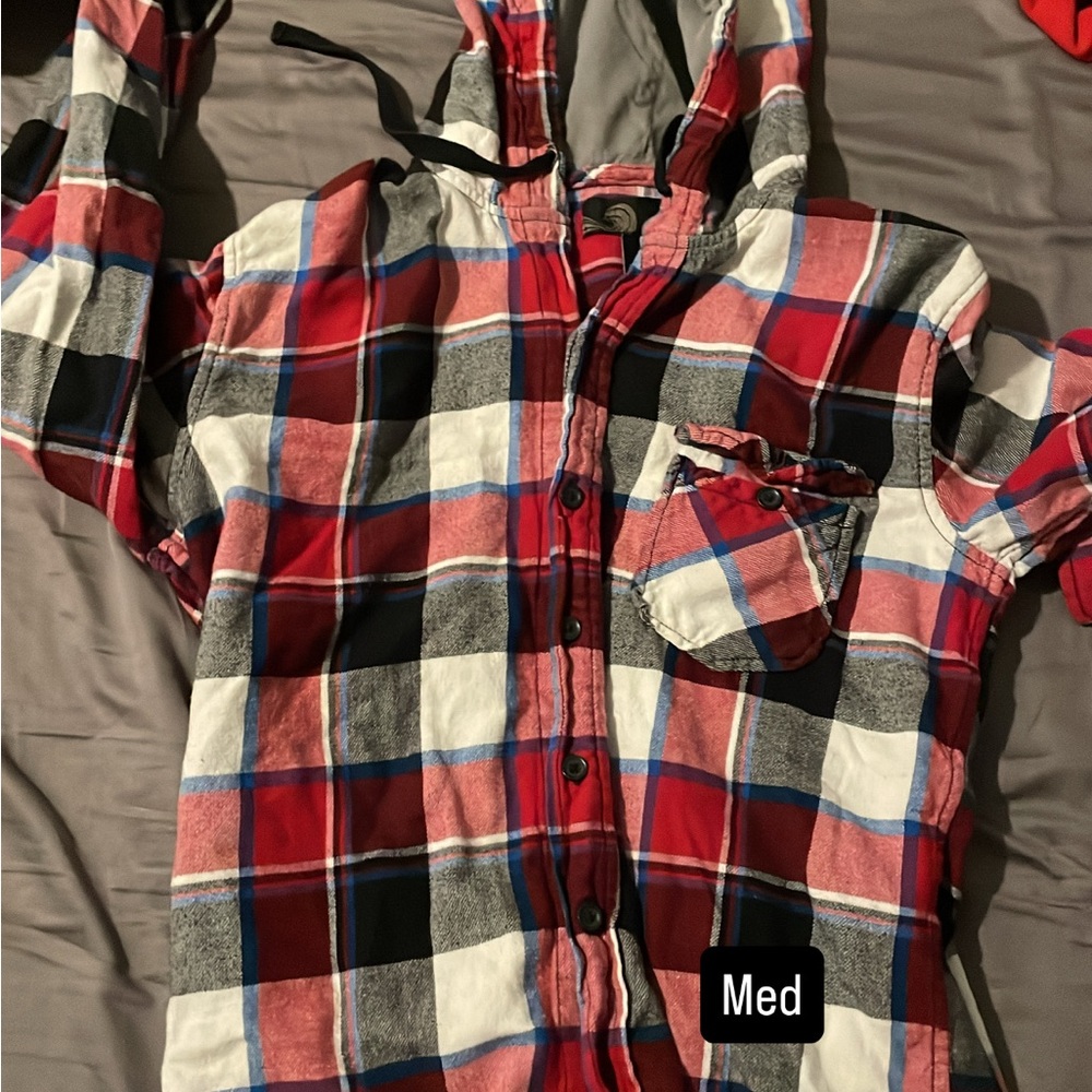 Plaid Hooded Flannel Shirt - Red, Black, White